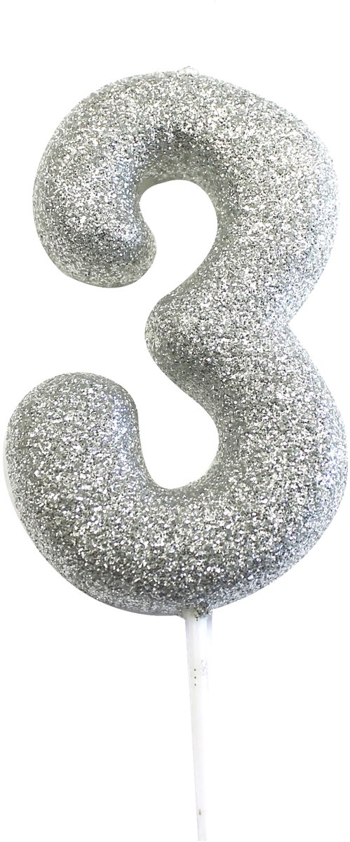 ANNIVERSARY HOUSE - Kaars op prikker cijfer 3 zilver glitter 7 cm voor verjaardag