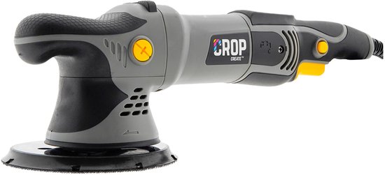 Grijze en zwarte CROP Apex X21 excentrische polijstmachine met gele accenten. 1000 Watt.