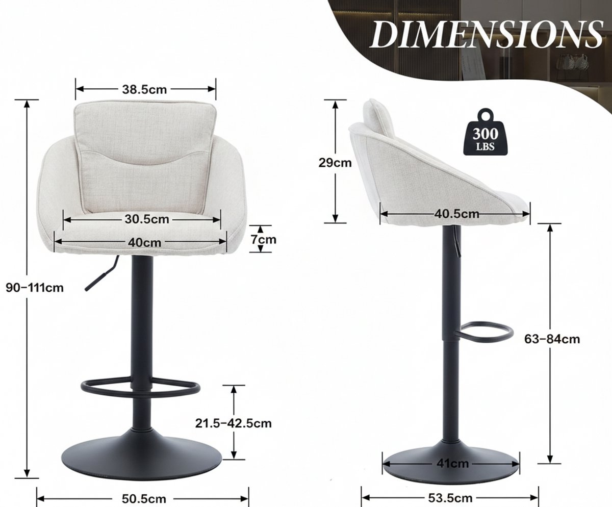 Barkrukken Set van 2 – House&Garden Vienna Verstelbare Barkruk met Rugleuning – Linnen Gevoerd – Draaibaar – Keuken, Woonkamer en Bar – Beige