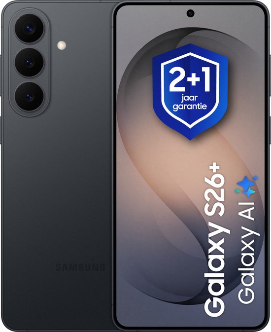 Donkergrijze Samsung smartphone met drie camera's naast een smartphone met "2+1 jaar garantie" logo.