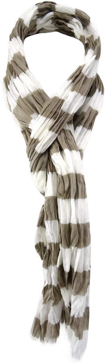 Gestreept Crinkle Sjaal Katoen Grijs Beige Wit 180x50 cm met Franjes