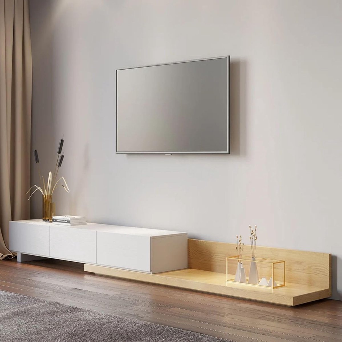 Uitschuifbare TV-meubel 200–279,4 cm Modern Wit & Naturel met 3 Lades – 279,4 x 39,12 x 32 cm – Abkantoor