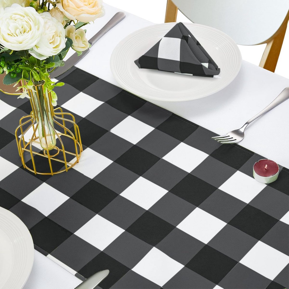 Waterdichte Geruite Tafelloper Zwart-Wit Gingham voor Feesten en Diner