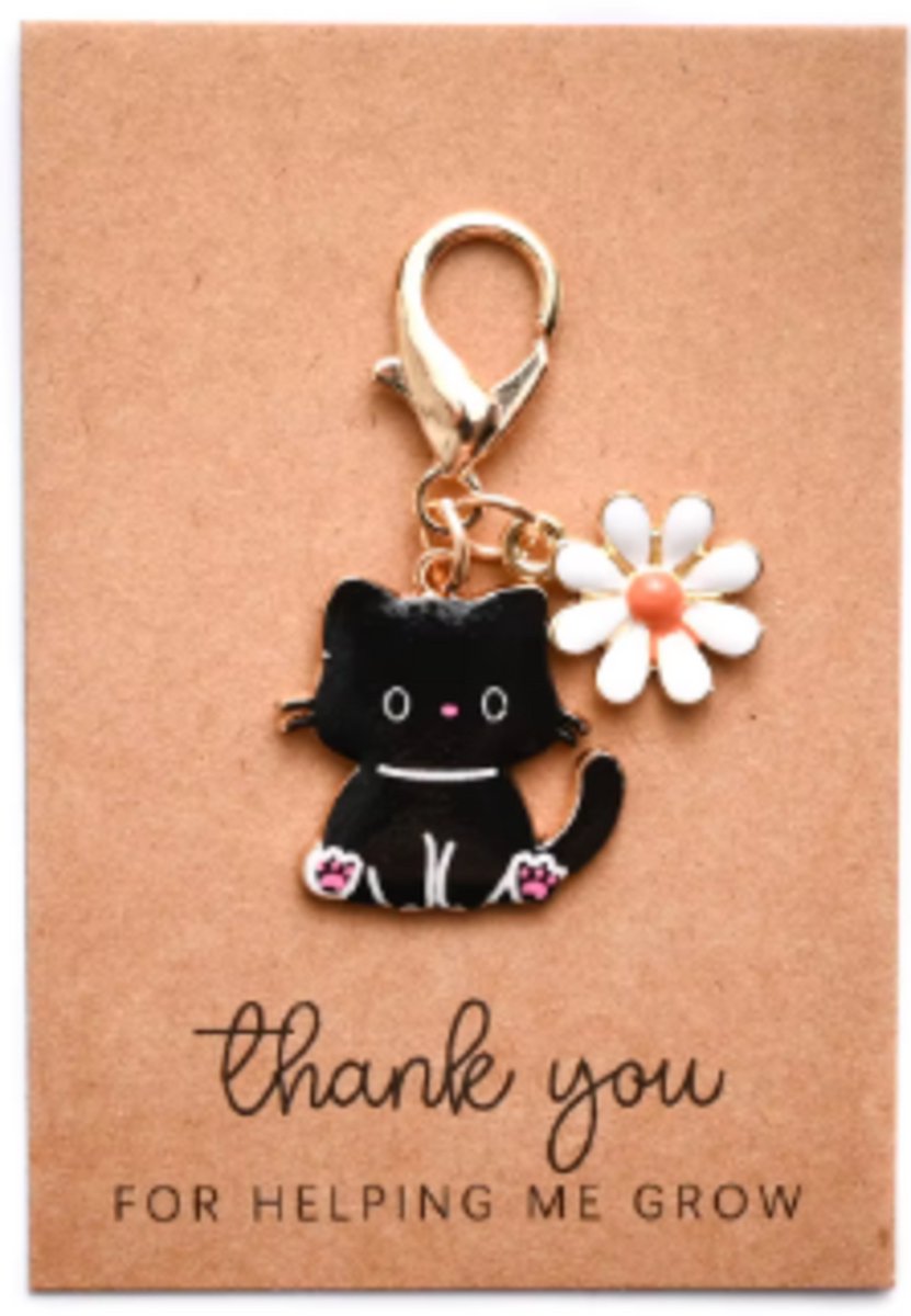 Pradeo - Katje Sleutelhanger - Gelukshanger - Hangertje - Katje - Poesje - Kat - Poes - Cat - Key Chain - Met Bloemetje - Pocket Hug - Klein Cadeau / Geschenk - Met Kaartje Met Tekst - Zwart Katje