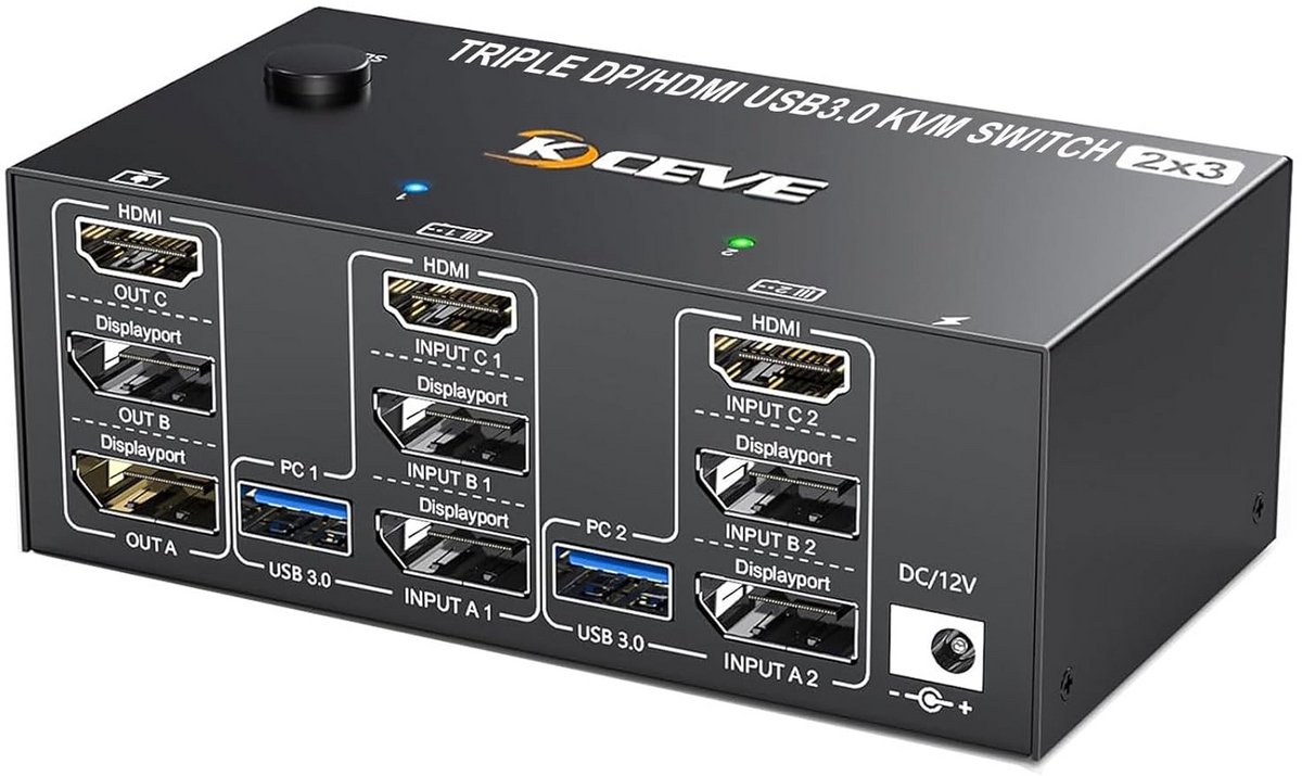 KVM Switch 2PC 3 Monitors (2xDP + 1xHDMI) USB 3.0 Ondersteuning 8K/4K Hoge Resolutie