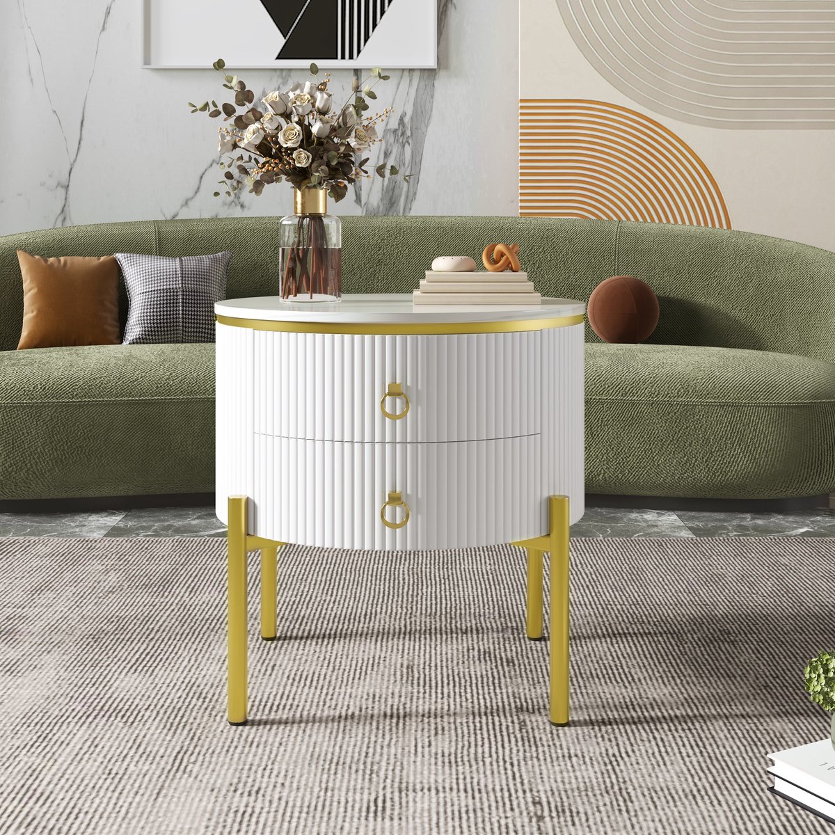 REDOM - Bijzettafel - 2 Laden - Verstelbare Poten - Marmerlook - Woonkamer - MDF - Wit En Goud - 50 X 50 X 51 Cm