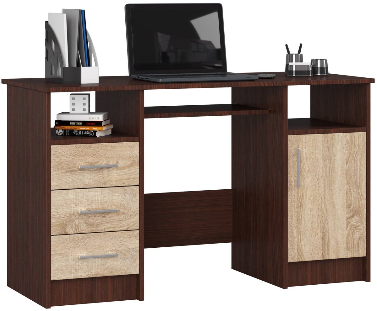 Bureau ANA met 3 Laden / Computerbureau / Computer Tafel / Bureautafel / Venge - Sonoma Eik / 124 x 77 x 52 cm