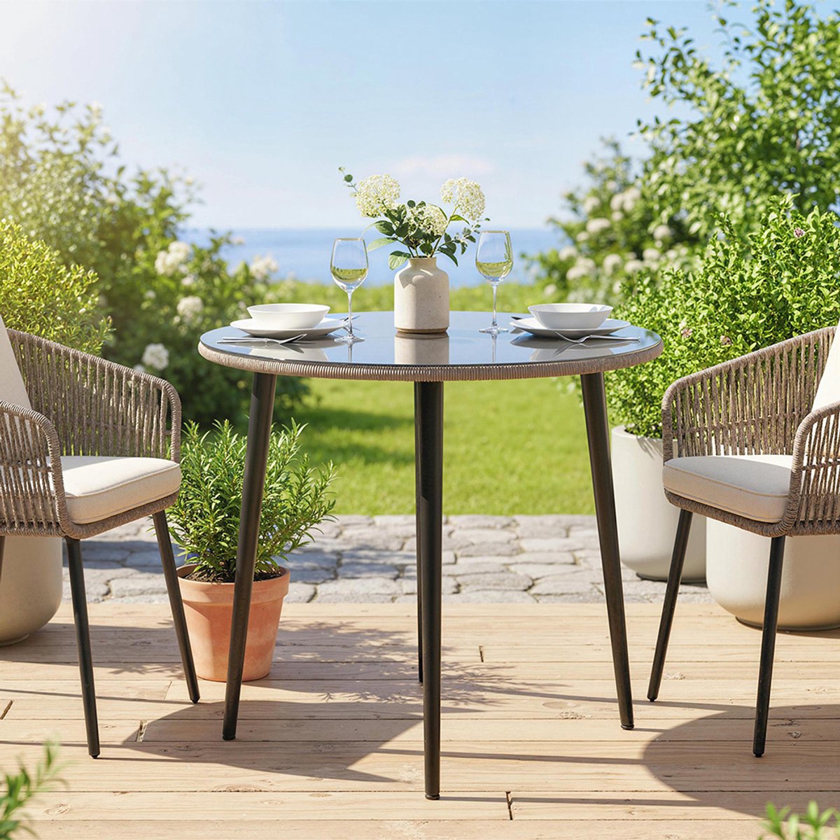Pugsdrly Tuintafel staal Buffettafel met stalen frame, PE-rotan rand, verstelbare poten, 4 personen 80 x 80 x 74 cm Grijs