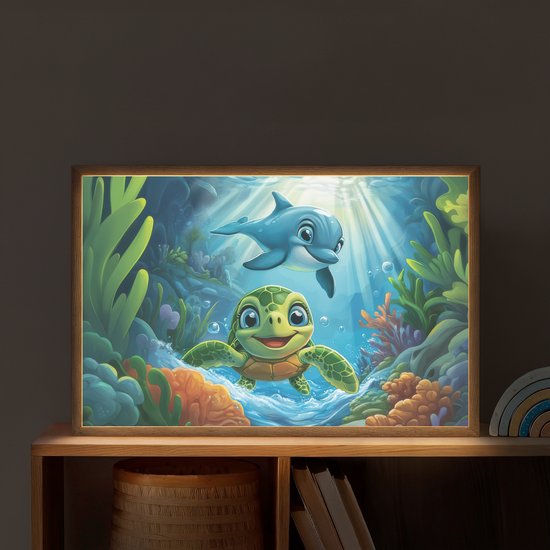 Nachtlampje 60x40 cm - Kinder lamp - Schildpad - Dolfijn - Oceaan - Tafellamp kinderkamer draadloos - Slaapkamer lampje - Bedlamp kinderen - Kinderlampje - Wandlamp babykamer - Nachtlampjes van OnlyWow — afbeelding 2