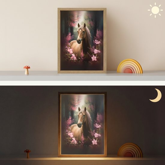 Nachtlampje 30x40 cm - Kinder lamp - Paard - Bloemen - Roze - Natuur - Bos - Tafellamp kinderkamer draadloos - Slaapkamer lampje - Bedlamp kinderen - Kinderlampje - Wandlamp babykamer - Nachtlampjes van Merkloos — afbeelding 4
