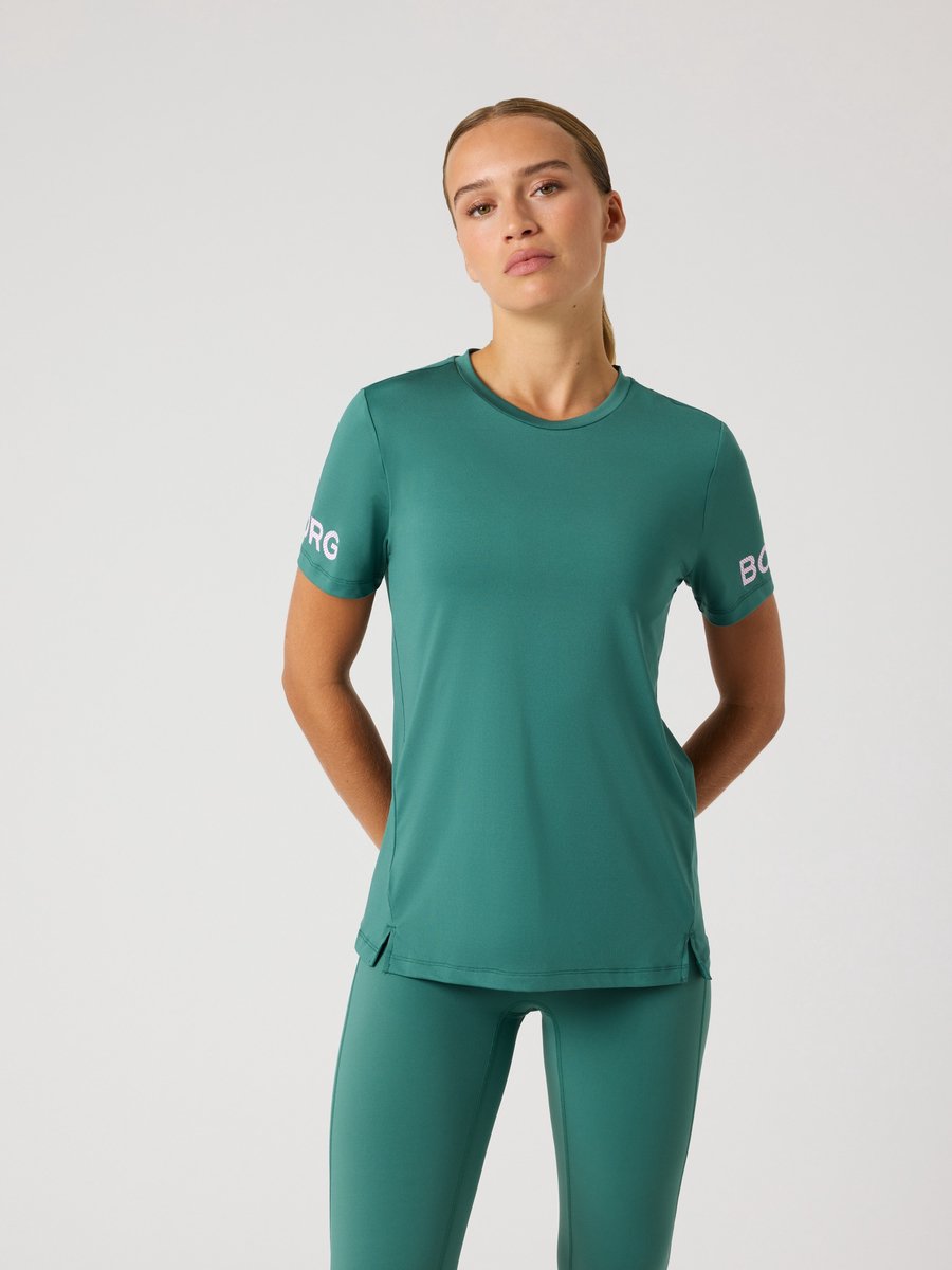 Björn Borg Sportshirt Dames Trainingshirt Korte Mouw - Gerecycled Polyester - Mallard Groen - Maat M