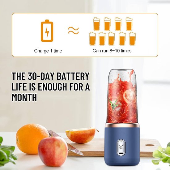 Draagbare Blender - 400ml - Incl. To Go Bekers - 6 Mesjes - Blender To Go -Smoothie Maker - Portable Blender - Oplaadbare mini Blender - USB-C - Oplaadbare Blenders - Draadloze Smoothie - Shake Maker - Voor milkshakes, sappen, smoothies - Blauw van Merkloos — afbeelding 3