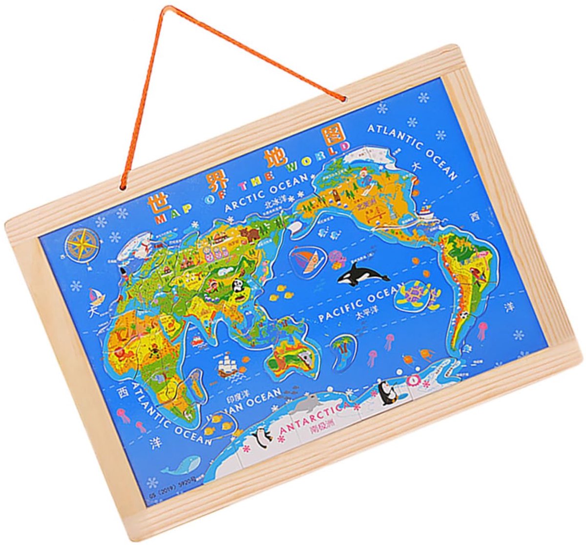 Houten Puzzel - Wereldkaart Puzzel - Leren Geografie - Dubbelzijdig Kaartontwerp - 41 x 29.5 cm - Diverse Kleuren