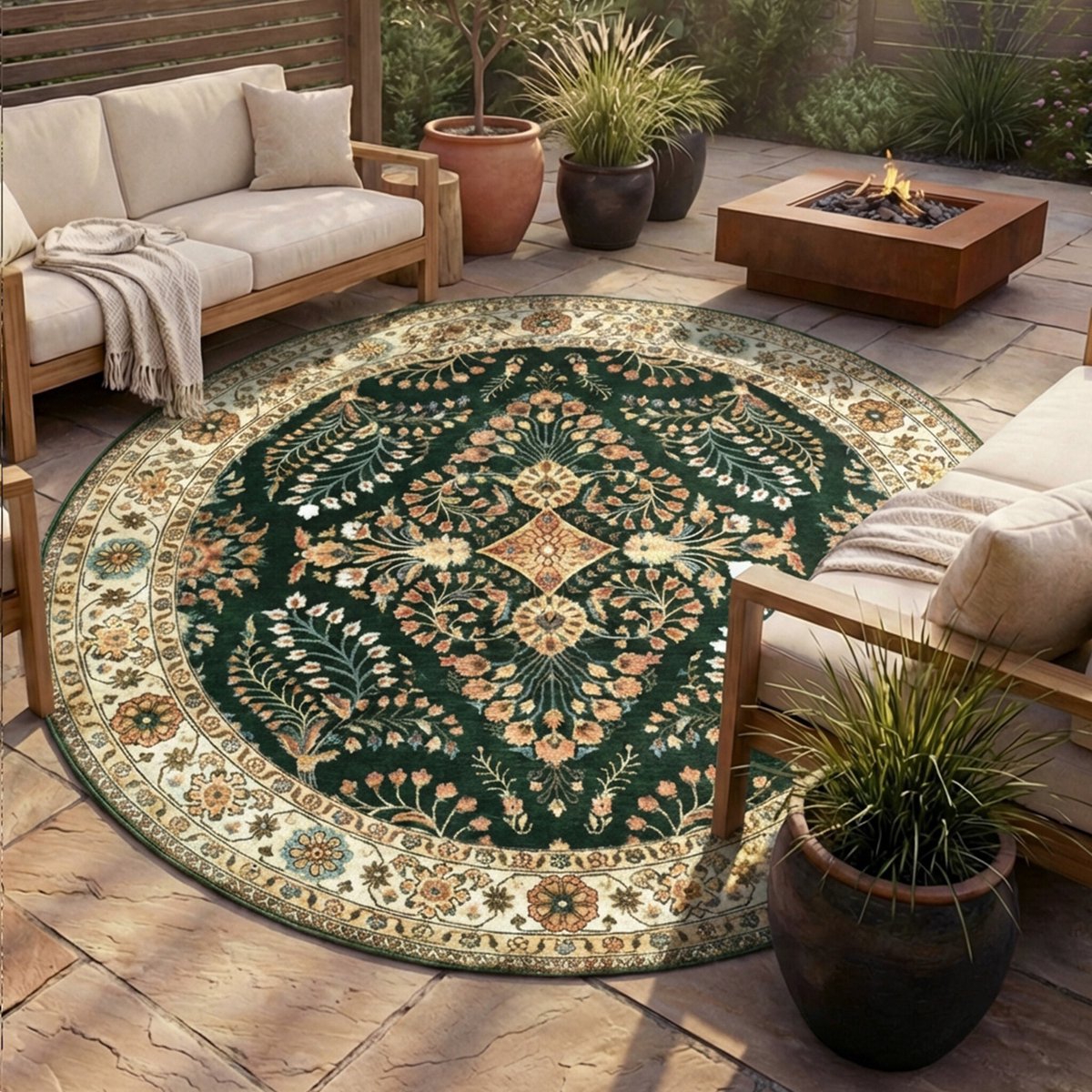 FRAAI Rond vintage buitenkleed - Santo Flora Donkergroen - Ø 120cm