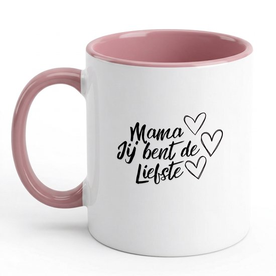 Hacebo® - Mama jij bent de Liefste met hartjes koffiebeker roze - Mama - De liefste mama - thee mok - koffie beker - moederdag cadeautje - Cadeau voor mama - Verjaardag - Geschenk - Cadeau - Gift - koffiemok - 350 ML inhoud
