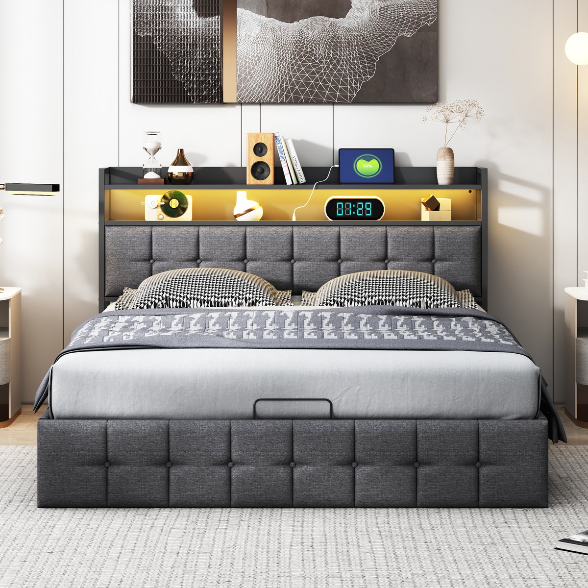ROSAHQNDA Gestoffeerd Bed 160 x 200 cm met LED-verlichting en USB-oplaadpunten, hydraulisch tweepersoonsbed met opbergruimte, linnen stof, houten latten, grijs grijs-linnen