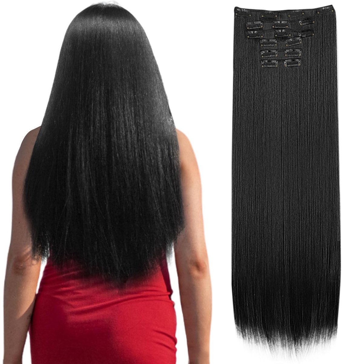 Allecto - Clip in Hair Extensions - Echte mensenhaar - Naadloze bevestiging - 57 Inch - Donker zwart - Haarstuk - Geschikt voor alle haartypes - La...