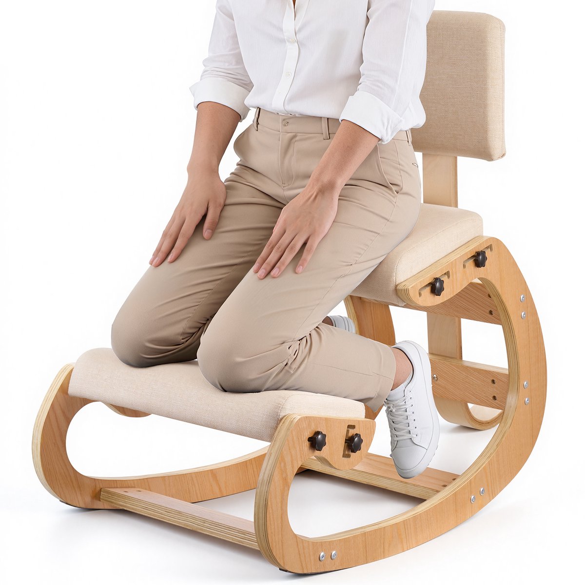 Vevor Ergonomische Knielstoel met Dikke, Geïntegreerde Schuimkussens, Houten Frame en Rugleuning, Verstelbare Knielkruk voor Nek- en Rugverlichting, Ideaal voor Thuis en Op Kantoor, Beige