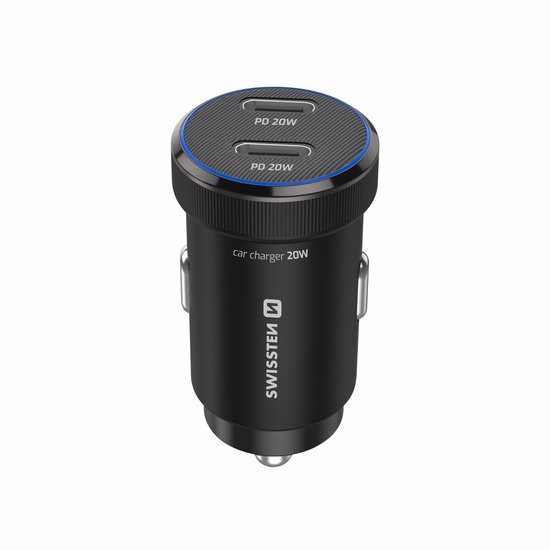 Swissten 20W Auto Oplader - 2x USB-C PD - Zwart