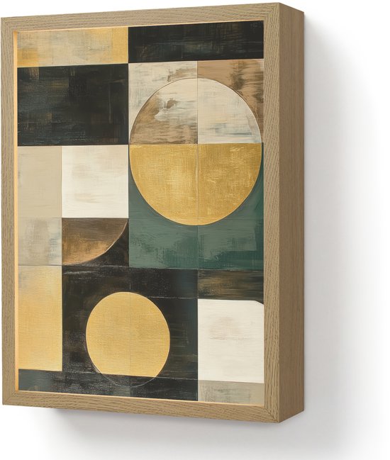 Lampe murale abstraite avec cadre en bois, présentant des formes géométriques dorées, brunes et vertes.