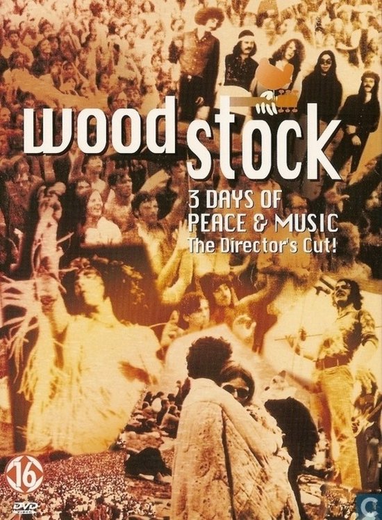 DVD-cover van Woodstock, 3 Dagen Vrede & Muziek, The Director's Cut. Met een collage van festivalgangers en artiesten.