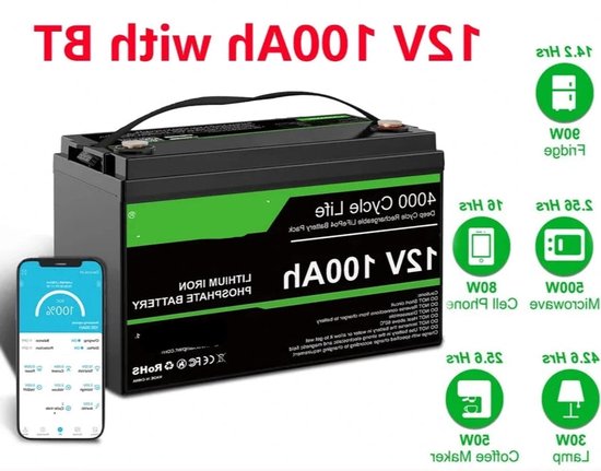 LiFePO4 Accu – 12V Accu – Camper Accu – Bootaccu – Off-Grid Accu – 100Ah Capaciteit – Bluetooth Monitor