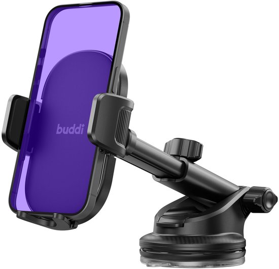 Support téléphone Buddi noir avec écran violet, fixé à une ventouse.