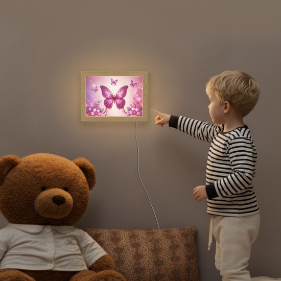 Nachtlampje 20x15 cm - Kinder lampje - Vlinder - Roze - Bloemen - Tafellamp kinderkamer - Slaapkamer lamp - Bedlamp kinderen - Kinderlampje stopcontact - Wandlamp babykamer - Nachtlampjes van Merkloos — afbeelding 5