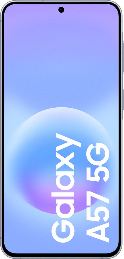 Voorkant van de Samsung Galaxy A57 5G met "Galaxy A57 5G" tekst op een paarsblauwe achtergrond.