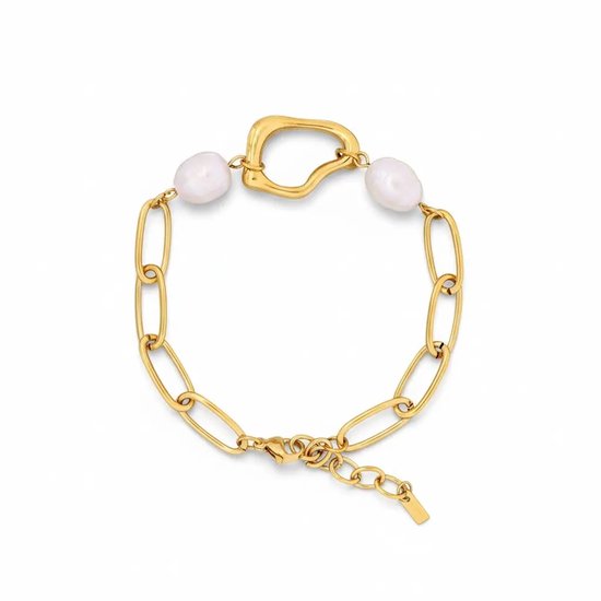 Bracelet doré à maillons ovales, une pièce centrale de forme organique et deux perles d'eau douce.