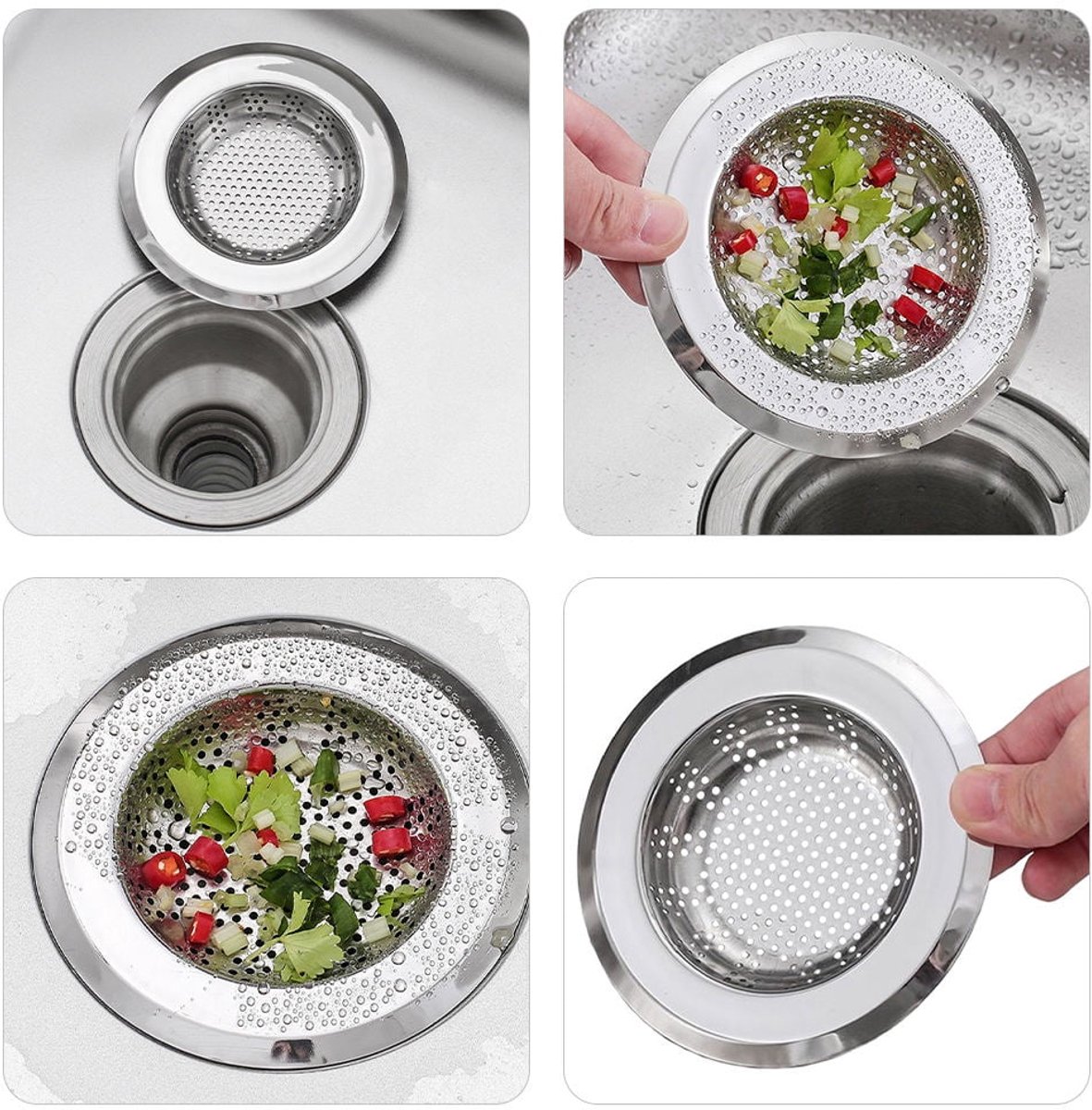 4-delige gootsteenfilter, afdruiprek Geschikt voor de keuken, voedselfilter, zilver