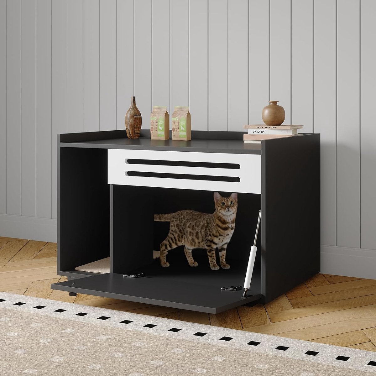 Moderne Zwarte Kattenbakombouw met Klapdeur – Kattenkast & Bijzettafel in 1 – Hond-Proof Kattenhuis – 80 x 50 x 51,5 cm