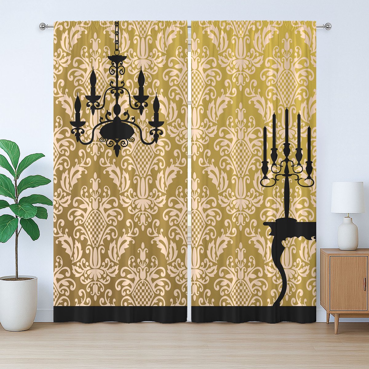 ABAKUHAUS Damast Rustiek Gordijn, Victoriaanse Stijl Kamer, Woonkamer Universele Gordijnen met Banden, Lussen en Haken, 280 x 175 cm, Geel Zwart
