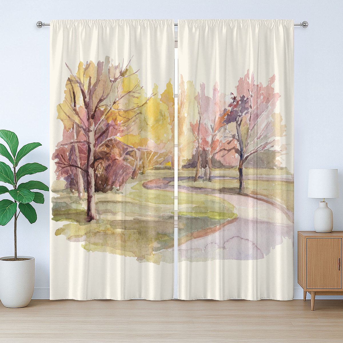 ABAKUHAUS Rustiek Gordijn, Aquarel Bomen en Straat, met Bandjes, Lussen en Haken voor de Woonkamer, 280 x 175 cm, Multicolor