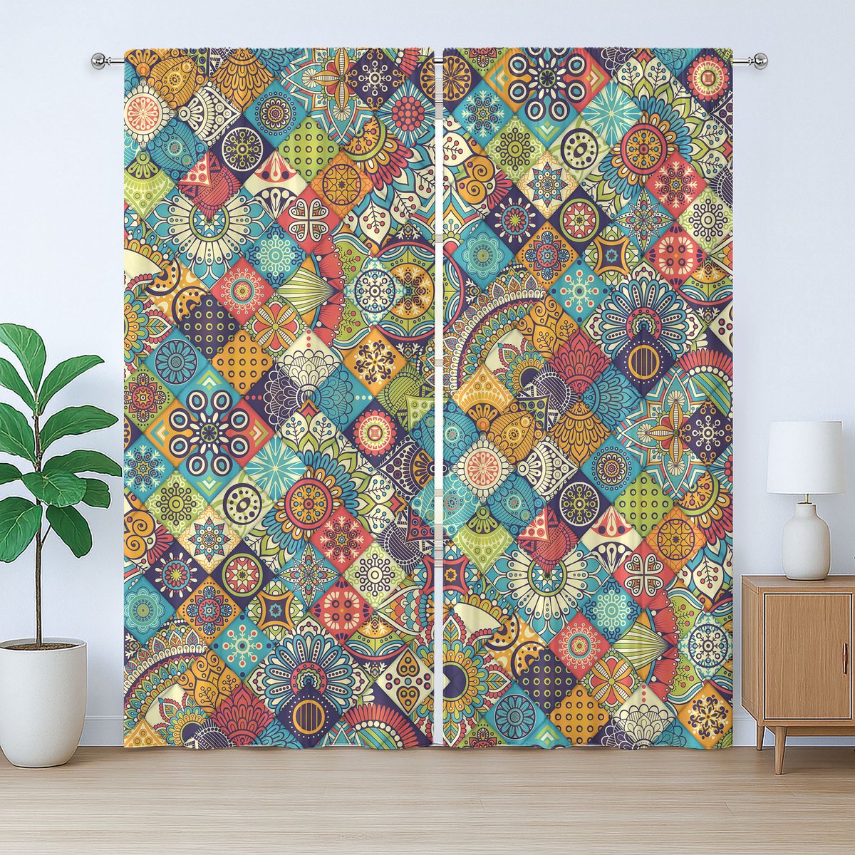 ABAKUHAUS Bohemian rustiek gordijn, geruit, slaapkamergordijn met lussen en haken, 280 x 175 cm, turquoise rood oranje