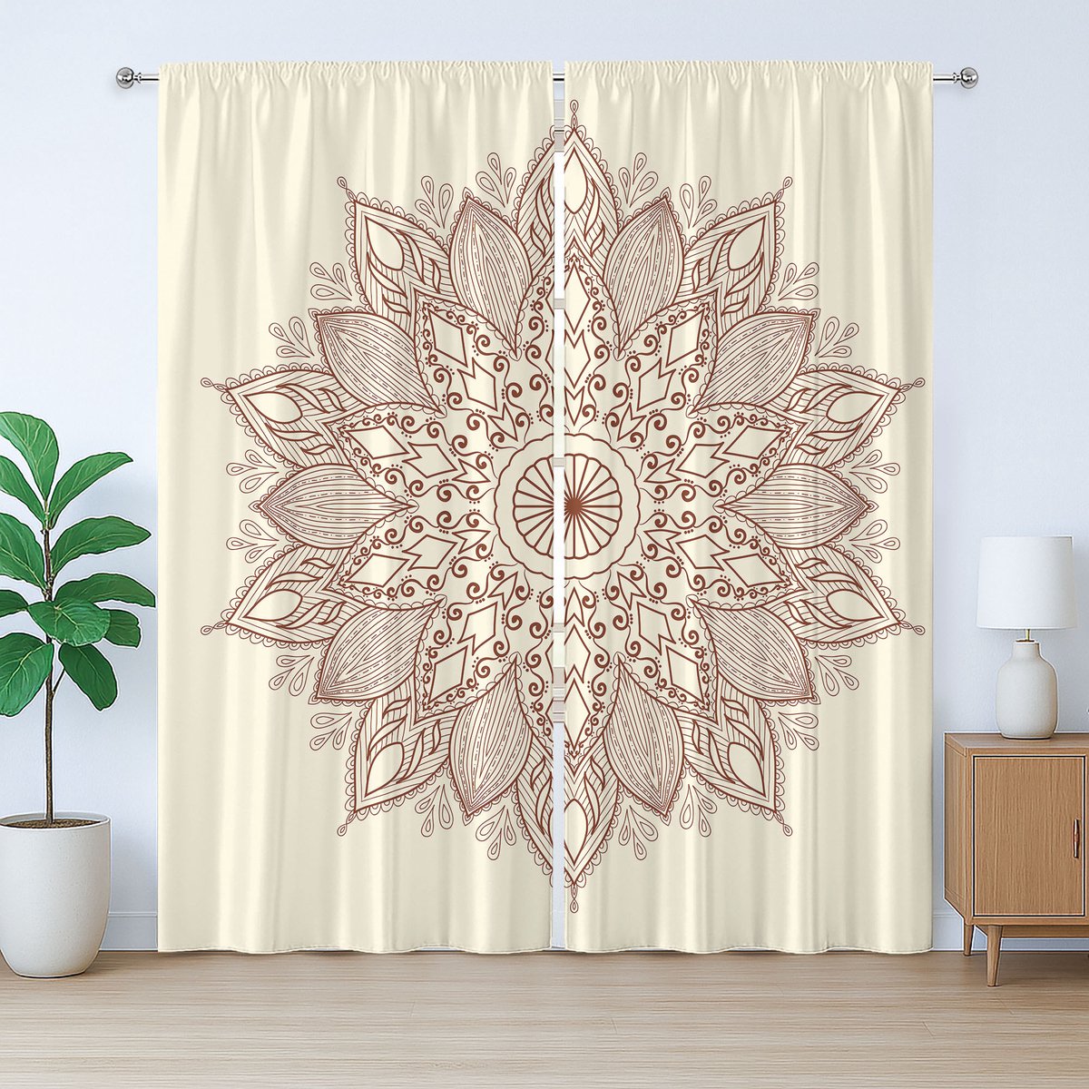 ABAKUHAUS Bruin Mandala Rustiek Gordijn, Rond Kant, Universele Gordijnen met Bandjes, Lussen en Haken voor de Woonkamer, 280 x 245 cm, Bruin en Ivoor