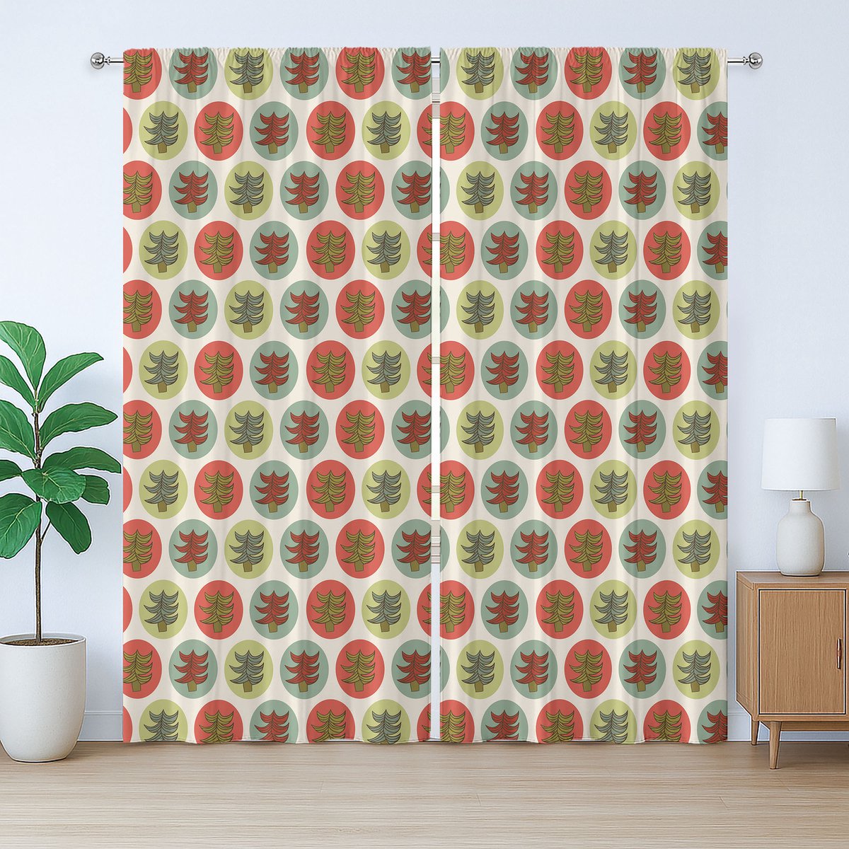 ABAKUHAUS Rustiek boomgordijn, abstracte sparren, kerstmotief, slaapkamergordijn met lussen en haken, 280 x 225 cm, wit, rood, groen