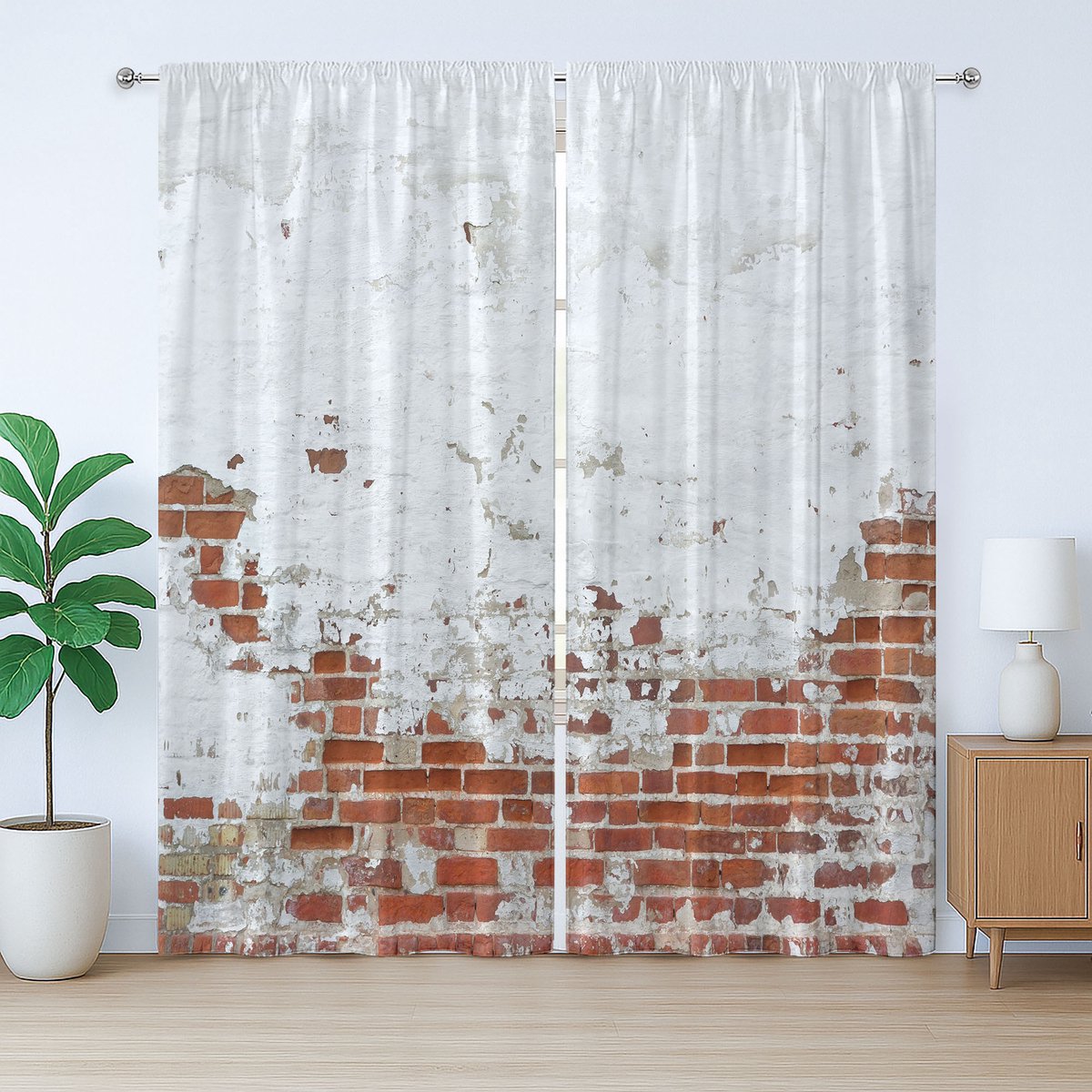 ABAKUHAUS Wit Rustiek Gordijn, Verouderd Vintage Bakstenen Muur Design, met Bandjes en Lussen voor de Woonkamer, 280 x 225 cm, Rood
