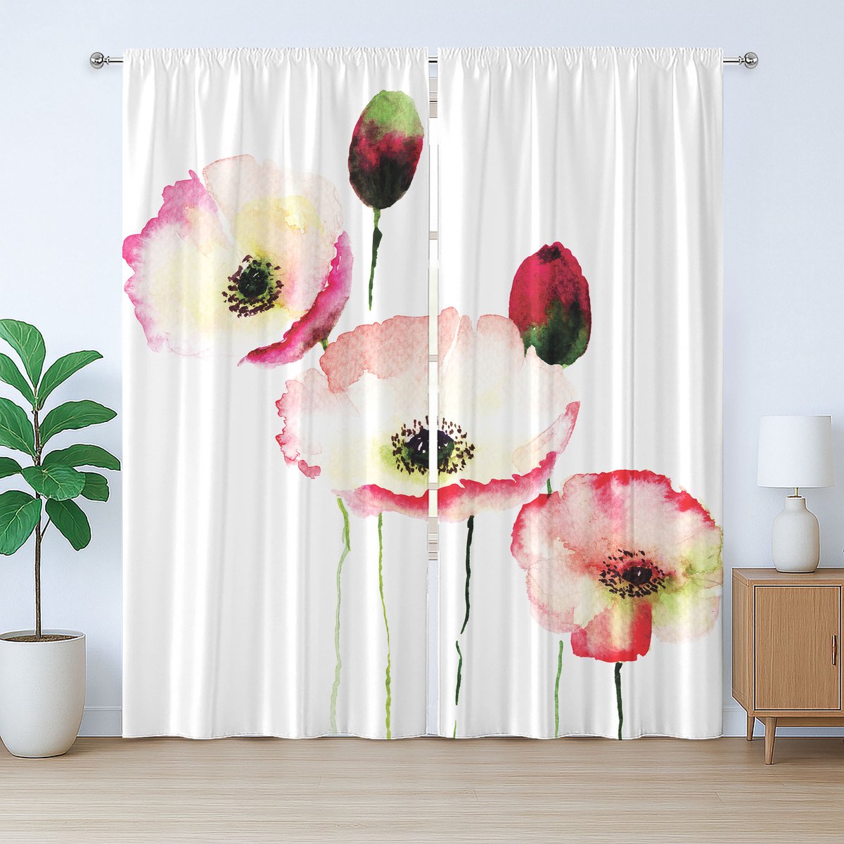 ABAKUHAUS Rustiek bloemengordijn, vintage klaprozen, met lussen en haken voor de woonkamer, 280 x 260 cm, roze rood