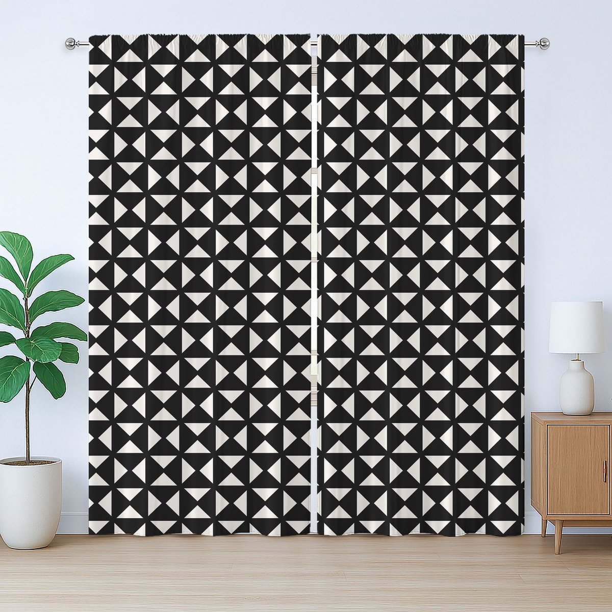 ABAKUHAUS Abstract Rustiek Gordijn, Basis Driehoeken in Vierkanten, gordijn met Plooiing, Lusjes en Haken, 280 x 175 cm, Donkergrijs en Gebroken Wit