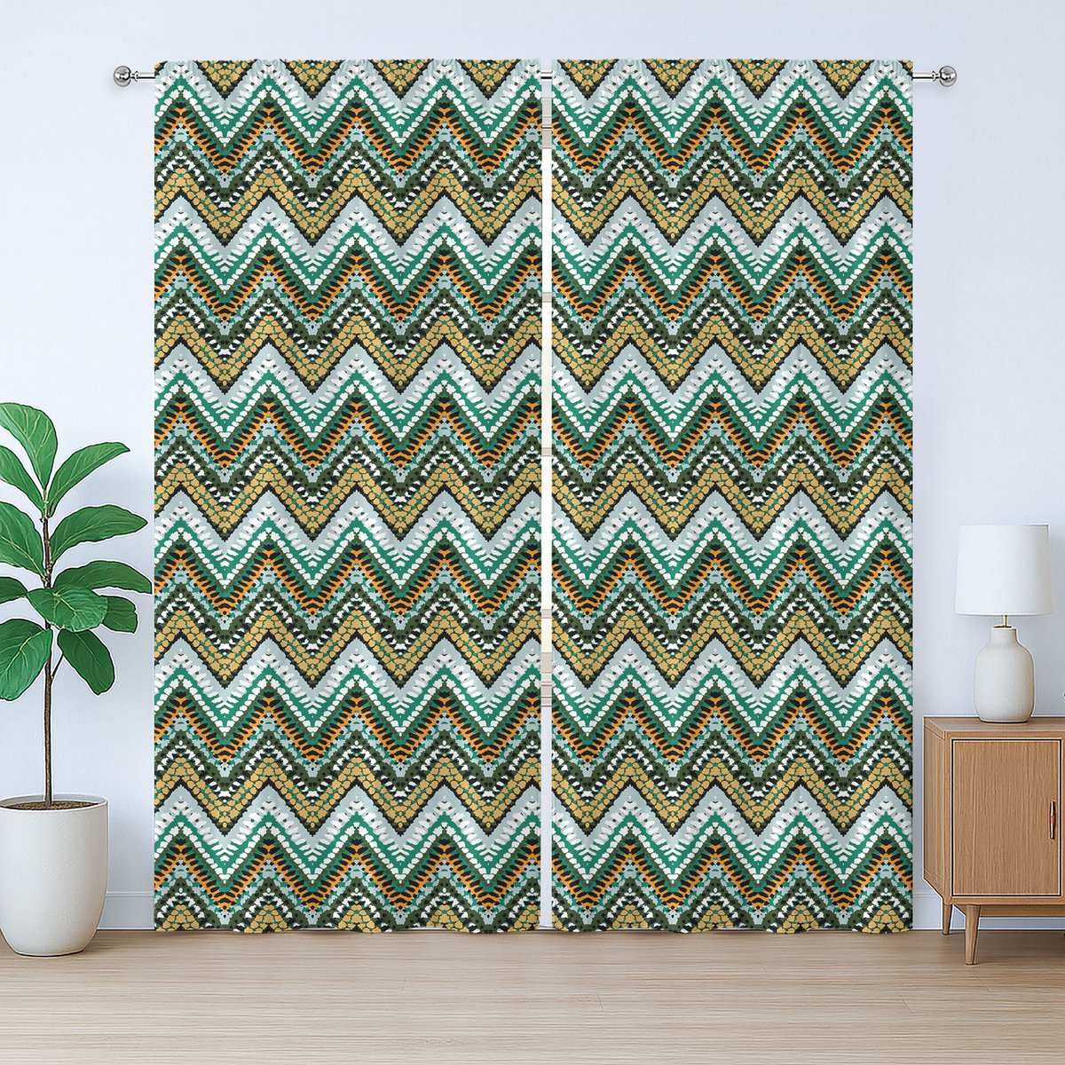 ABAKUHAUS Etnisch rustiek gordijn, boho zigzaglijnen, slaapkamergordijn met plooien, lussen en haken, 280 x 245 cm, turquoise groen geel