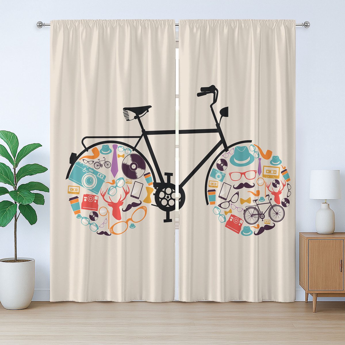 ABAKUHAUS Hipster Rustiek Gordijn, Retro Fietsdesign, Slaapkamergordijn met Geplooide Band, Lussen en Haken, 280 x 225 cm, Multicolor