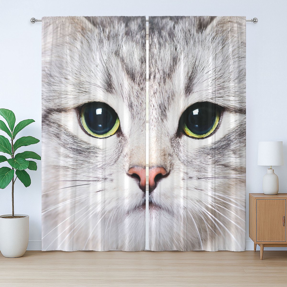 ABAKUHAUS Rustiek dierengordijn, huiskattengezicht, slaapkamergordijn met plooien en haken, 280 x 225 cm, lichtgrijs