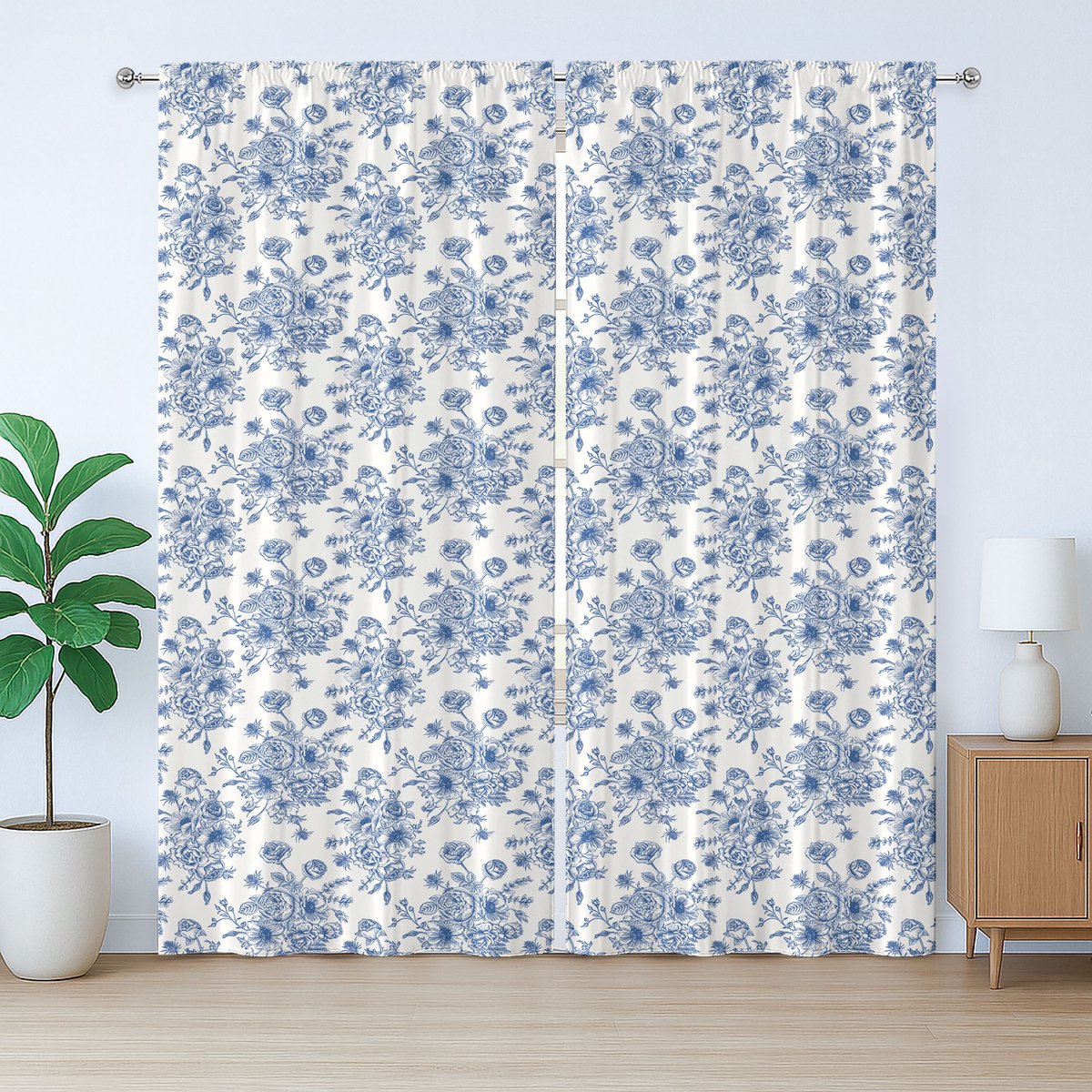 ABAKUHAUS Rustiek gordijn in blauw en ivoor, Anemonen en Eustoma, geplooid gordijn met lussen en haken voor de slaapkamer, 280 x 225 cm, blauw wit