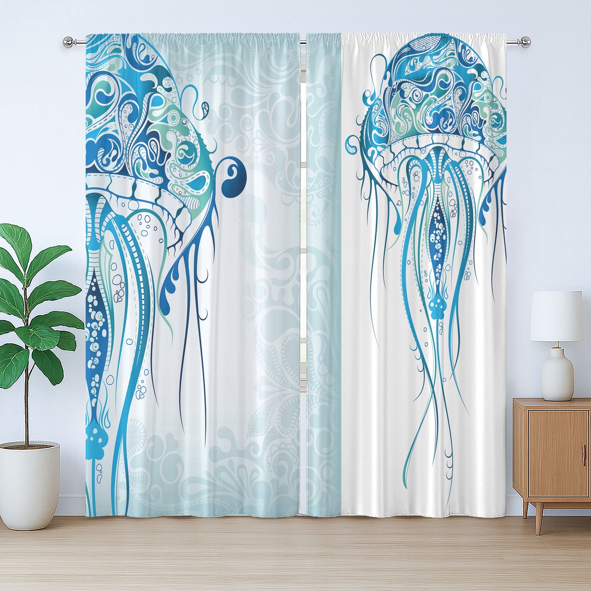 ABAKUHAUS Marine Rustic Gordijn, Oceaan Kwallen Paisley, Slaapkamergordijn met plooien en haken, 280 x 175 cm, Lichtblauw Zeeblauw