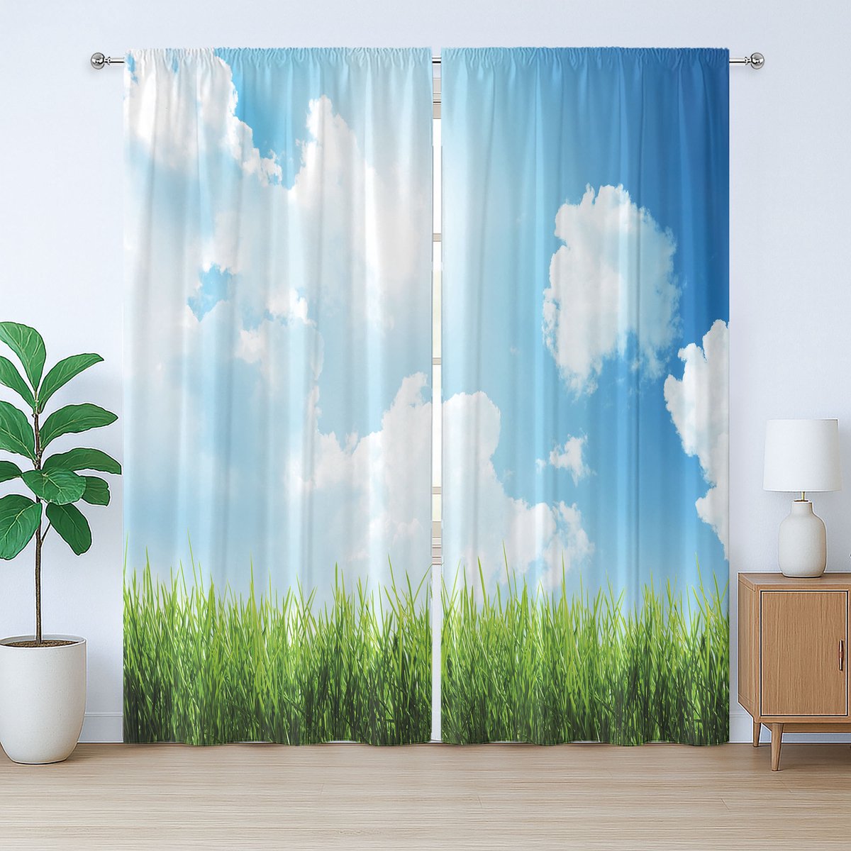 ABAKUHAUS Rustiek hemelgordijn, zonnige dag met gras en wolken, slaapkamergordijn met plooien, lussen en haken, 280 x 260 cm, groen wit blauw