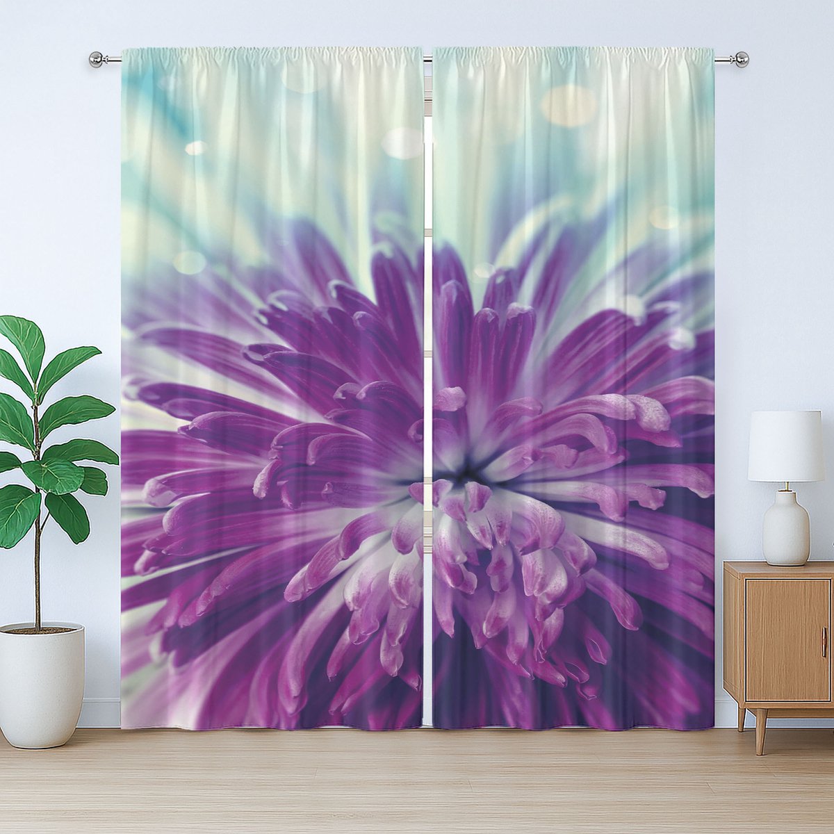 ABAKUHAUS Dahlia Rustiek Gordijn, Bloeiende Bloemmotieven, Slaapkamergordijn met Plooiing, Lusjes en Haken, 280 x 245 cm, Lila Mintgroen