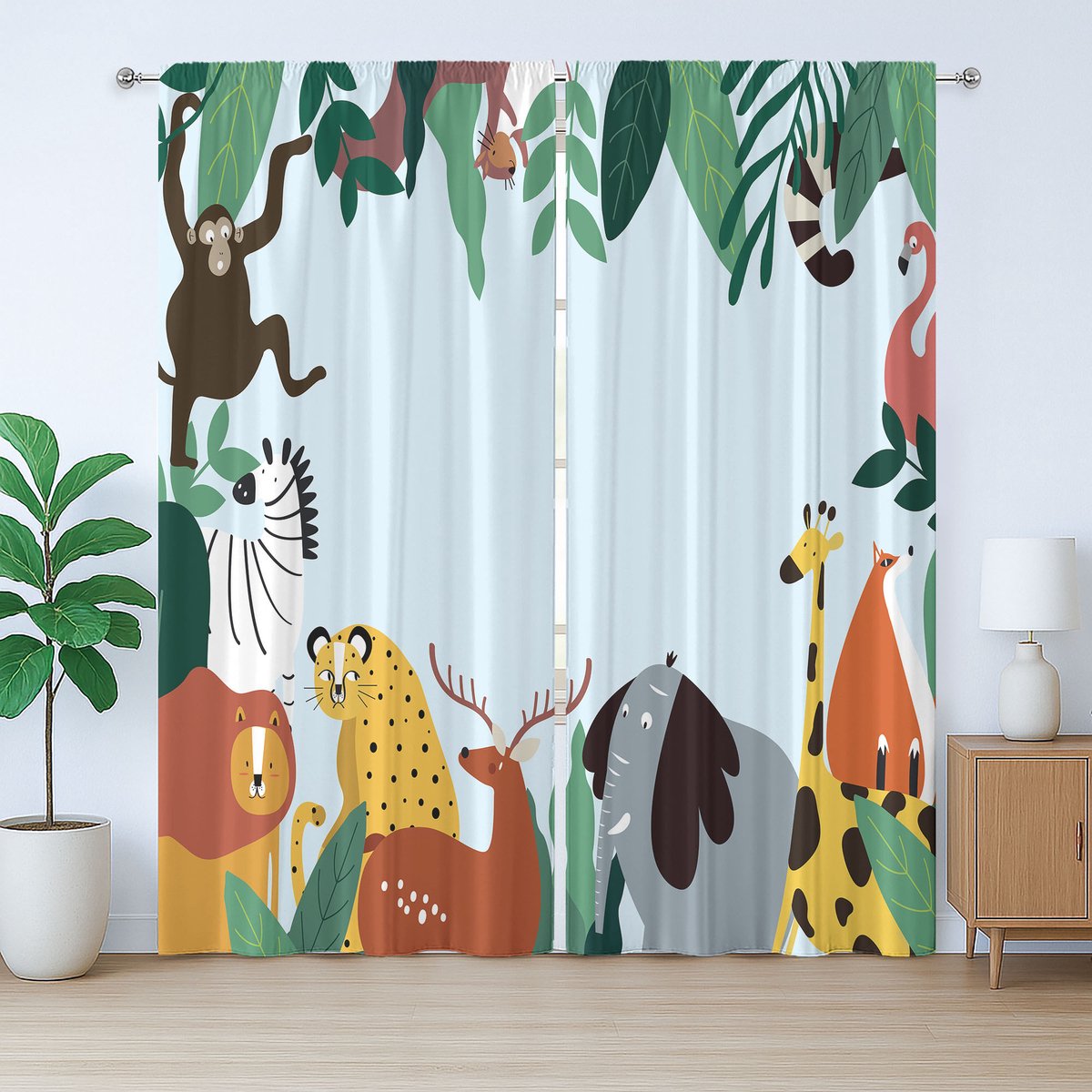 ABAKUHAUS Rustiek dierengordijn, wilde dieren en exotische bladeren, slaapkamergordijn met lussen en haken, 280 x 245 cm, babyblauw meerkleurig
