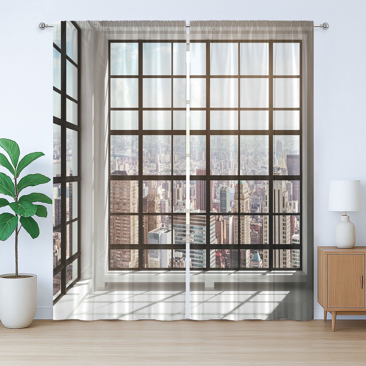 ABAKUHAUS Rustiek Landschap Gordijn, Stedelijk Modern Stadszicht, met Bandjes en Lussen voor de Woonkamer, 280 x 175 cm, Lichtbruin Wit