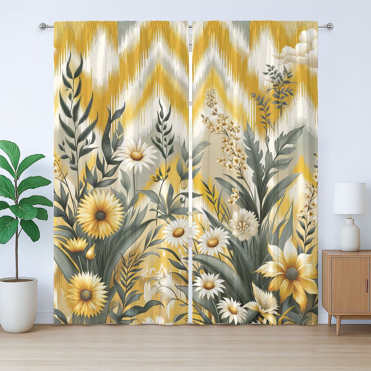 ABAKUHAUS Rustiek gordijn met bloemen- en eucalyptusmotief, botanisch chevronpatroon, met lussen en haken , 280 x 225 cm, mosterdgroen
